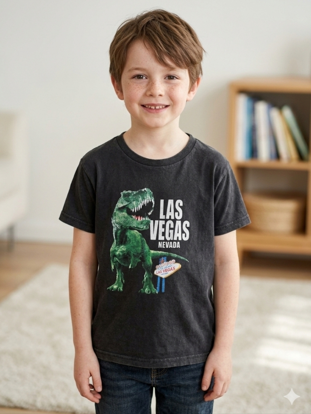 Kids Black T‑Shirt with Green T‑Rex Las Vegas Graphic